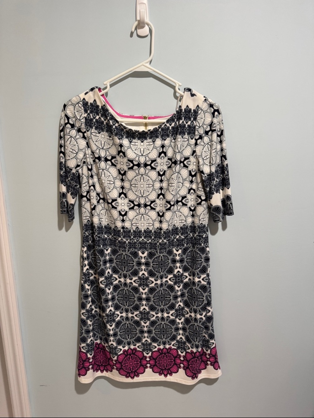 Eliza J Black and White Medallion Shift Dress with Pink Border
